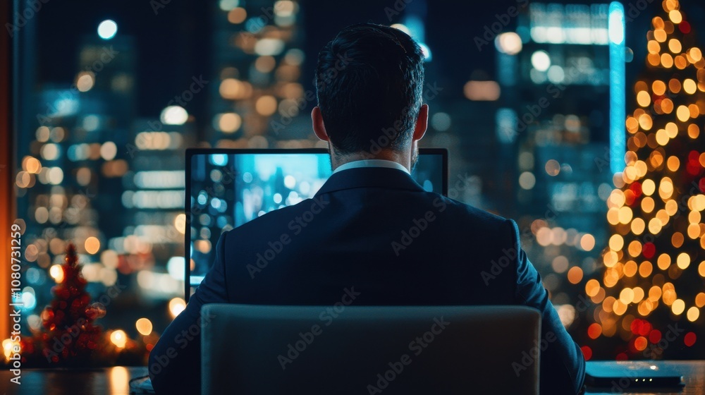 A person in a suit sits at a computer, overlooking a city skyline adorned with festive lights, creating a cozy yet professional atmosphere. A person in a suit sits at a computer, overlooking a city skyline adorned with festive lights, creating a cozy yet professional atmosphere.