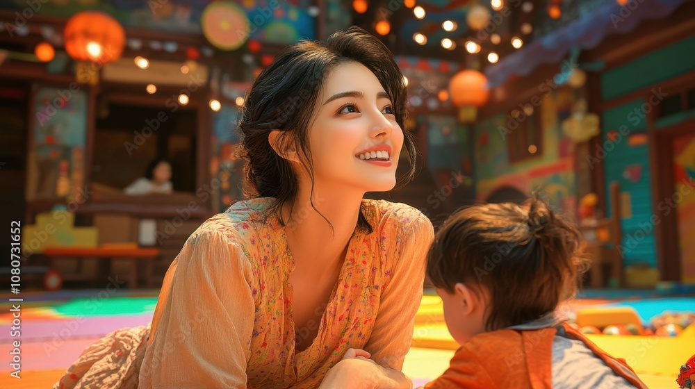 Joyful Interaction Between a Woman and a Child in a Vibrant Indoor Setting with Colorful Decorations and Warm Ambient Lighting Joyful Interaction Between a Woman and a Child in a Vibrant Indoor Setting with Colorful Decorations and Warm Ambient Lighting