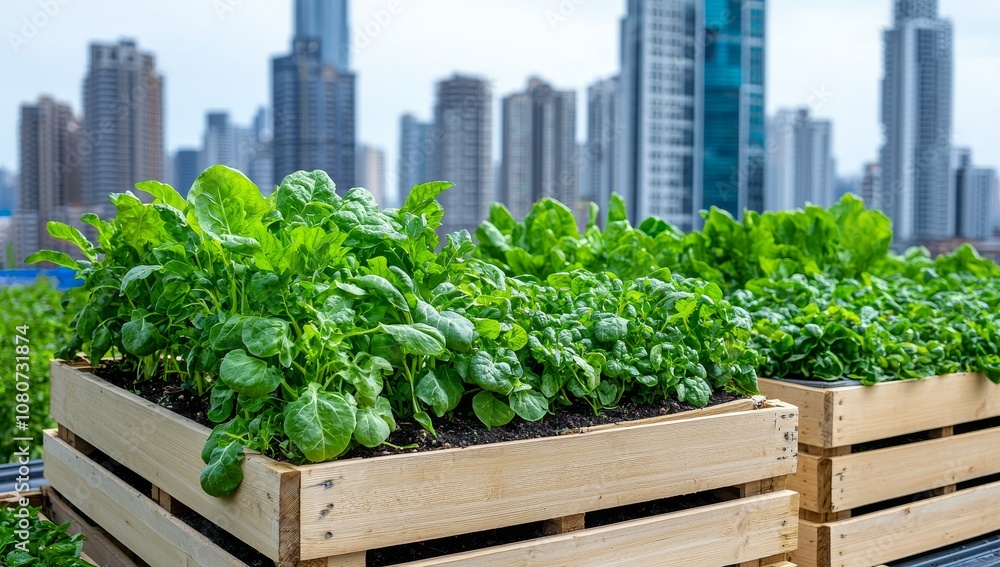 In a city setting with a skyline in the background, a rooftop garden depicts green spaces in urban settings. In a city setting with a skyline in the background, a rooftop garden depicts green spaces in urban settings.