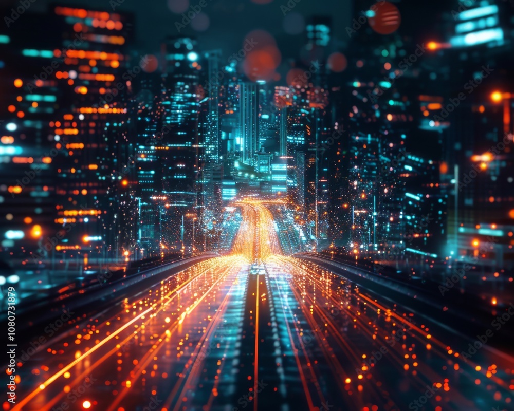 Fototapeta premium The artwork showcases an enchanting double exposure of glowing data streams intertwining with a bustling cityscape.