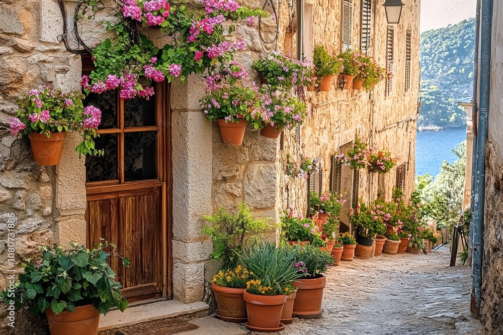 Naklejka premium A quaint Spanish house with an old stone wall, adorned with hanging flower pots and vibrant flowers in terracotta planters, offers a picturesque view of the door and windows.