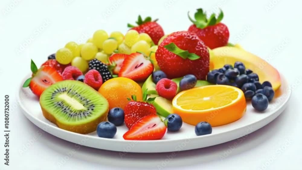 Rotate Plate with colorful fruit platter, full of vitamins and nutrients on white background. French pastry High quality HD 4K Video Clip Rotate Plate with colorful fruit platter, full of vitamins and nutrients on white background. French pastry High quality HD 4K Video Clip