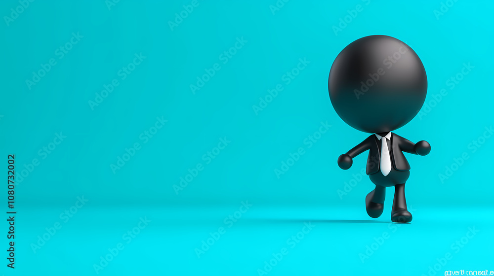 A Stylish Black Figure Confidently Walking Against a Vibrant Turquoise Backdrop in a Modern Setting A Stylish Black Figure Confidently Walking Against a Vibrant Turquoise Backdrop in a Modern Setting