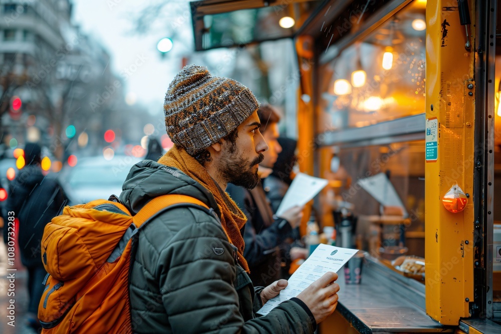 A man wearing a knitted hat and an orange backpack stands in the rain, intently looking at the menu of a bustling street food cart while city lights glow in the background A man wearing a knitted hat and an orange backpack stands in the rain, intently looking at the menu of a bustling street food cart while city lights glow in the background