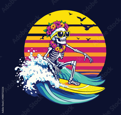 Colorful Skeleton Surfer Illustration with Sunset and Ocean Wave Theme with black background