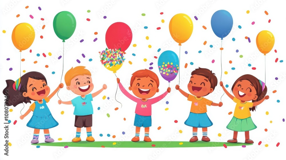 Children celebrating with balloons, confetti, and decorations, 2D vector design Children celebrating with balloons, confetti, and decorations, 2D vector design