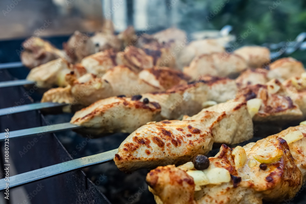 Delicious, juicy meat kebabs grilled to perfection. Delicious, juicy meat kebabs grilled to perfection.