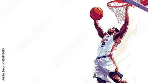 a 2D cartoon illustration of a basketball player making a slam dunk, exciting and athletic, white background--ar 16:9