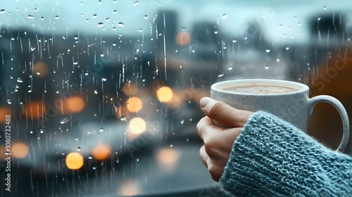 Cozy scene of a person holding a warm cup of coffee by a rainy window, creating a serene atmosphere. photo