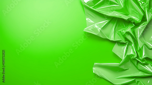 Vibrant Green Backdrop Featuring Crumpled Plastic Sheet Accentuating Bold Colors and Textures