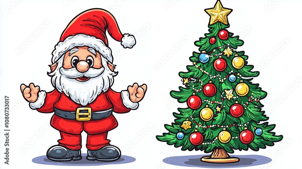 Cheerful cartoon Santa Claus standing next to a decorated Christmas tree Cheerful cartoon Santa Claus standing next to a decorated Christmas tree