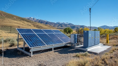 Hydrogen-powered microgrid setup, featuring solar panels and fuel cells, providing stable and green energy
