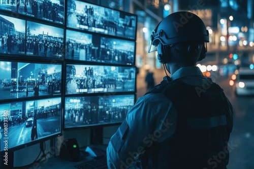 Surveillance Operator Monitoring Multiple Security Feeds in a High-Tech Control Room at Night with City Lights in Background for Public Safety and Security