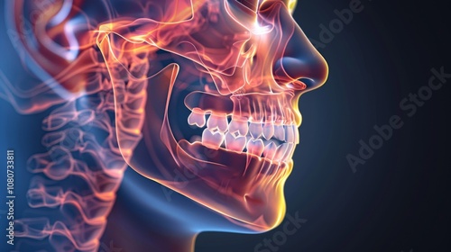 Detailed image of transparent human jaw structure against blue background, highlighting teeth, gums, and wisdom teeth. Resembles X-ray for dental anatomy focus. photo