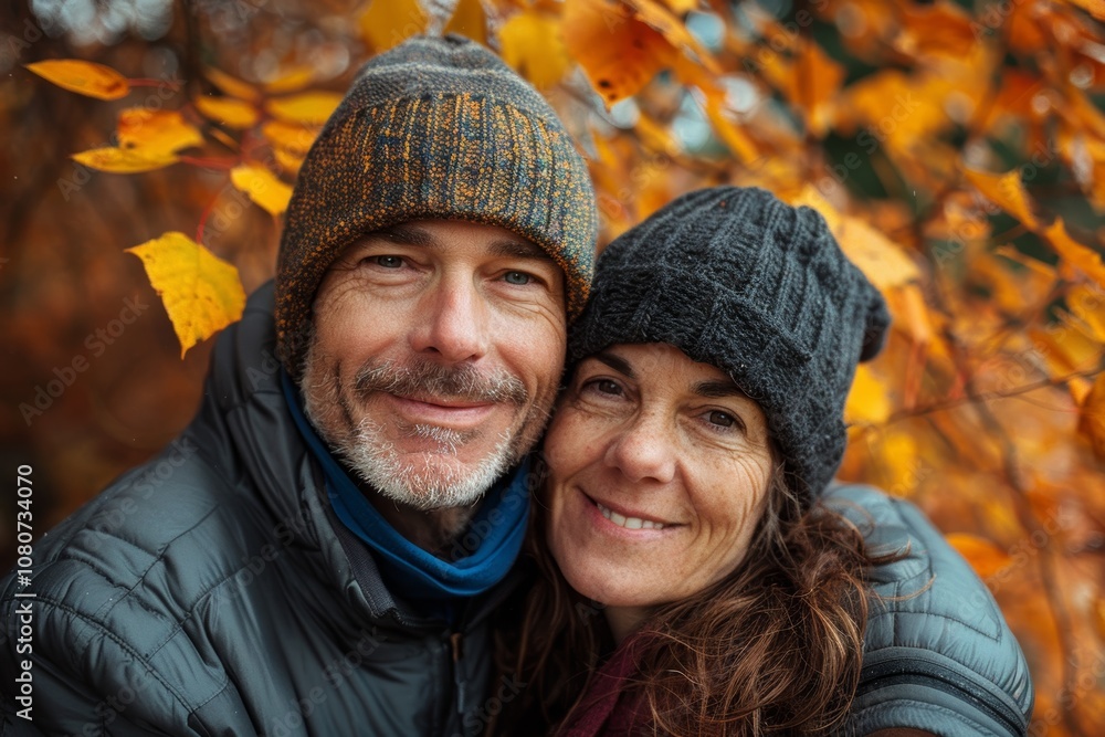 Portrait of a blissful couple in their 40s donning a warm wool beanie isolated on background of autumn leaves Portrait of a blissful couple in their 40s donning a warm wool beanie isolated on background of autumn leaves