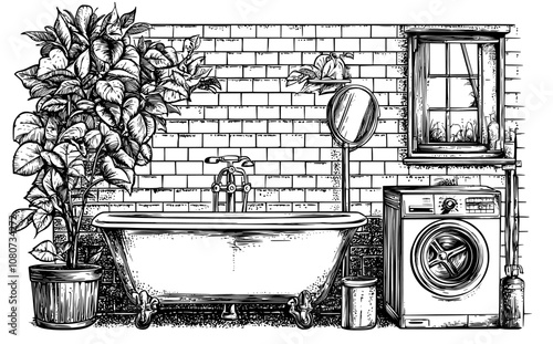 A modern flat illustration of an interior bathroom with bathtub, shower, washbasin, and washing machine. A clean, comfortable bathroom with mirror, a washstand, a tub.