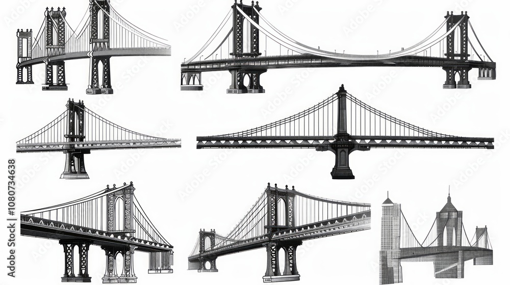 Fototapeta premium The image showcases 9 hand-drawn bridge sketches with diverse designs in black ink on a white background. One bridge is colored, arranged in a grid pattern,