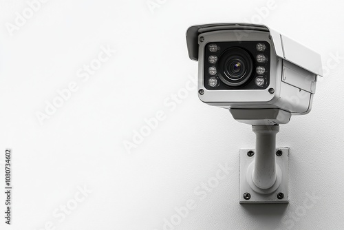 Modern Security Camera Mounted on a Wall with Clear Lens and Infrared Lights, Ideal for Surveillance and Home Security, White Background