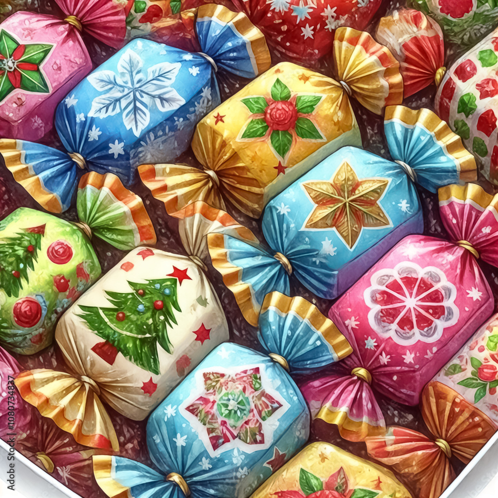 A close-up of Christmas-themed chocolates wrapped in shiny foil, decorated with festive holiday patterns. A close-up of Christmas-themed chocolates wrapped in shiny foil, decorated with festive holiday patterns.
