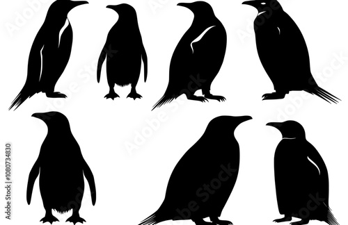 Silhouettes of penguins. Set of modern illustrations of penguins