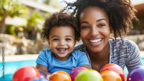 Joyful Mother and Child Playing Together with Colorful Balls by the Poolside, Creating Lasting Memories and Cherishing Beautiful Moments in Bright Sunshine