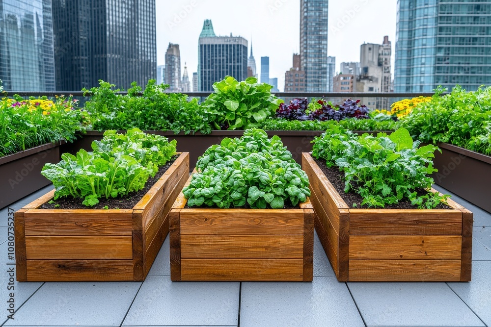 Raised vegetable beds and herbs on a rooftop garden amid city skyscrapers, with pathways and seating. Raised vegetable beds and herbs on a rooftop garden amid city skyscrapers, with pathways and seating.