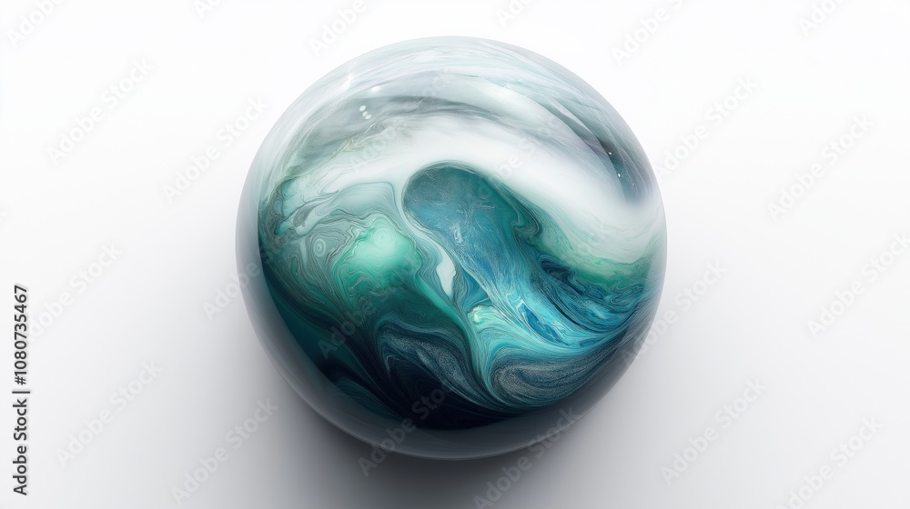 A spherical marble with swirling patterns in shades of blue and green against a white background. A spherical marble with swirling patterns in shades of blue and green against a white background.