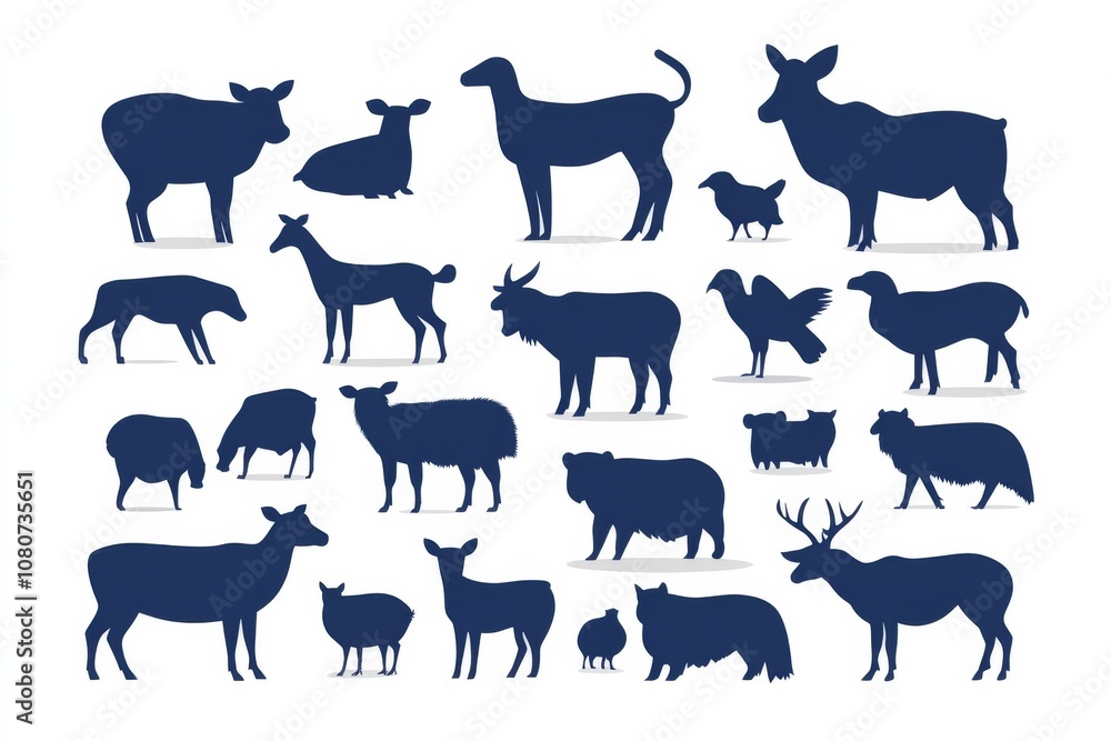 Fototapeta premium A captivating arrangement of various farm animal silhouettes isolated against a white backdrop showcases the charm and uniqueness of rural life. Each animal represents the heart of agriculture.