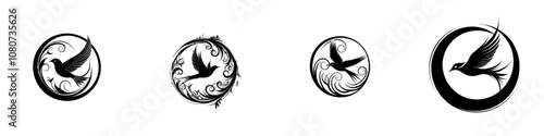 Animated silhouette of a swallow with victorian flourishes, stencil logo, and black and white illustration