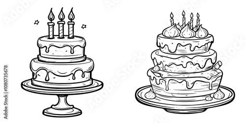 Line icon of a tiered birthday cake with candles for kids.