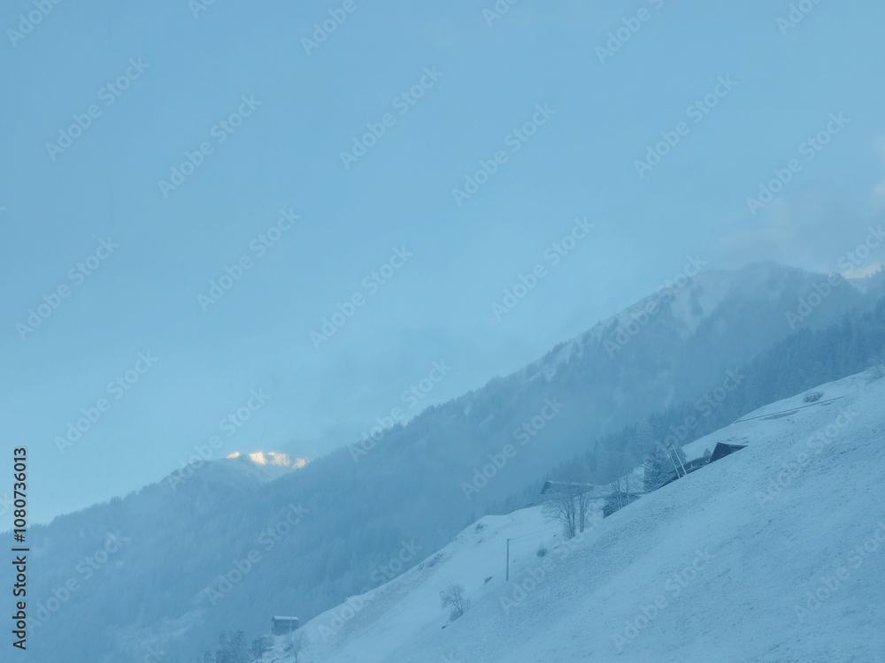 winter landscape with snow covered trees in the mountains. Tranquille scenery winter landscape with snow covered trees in the mountains. Tranquille scenery