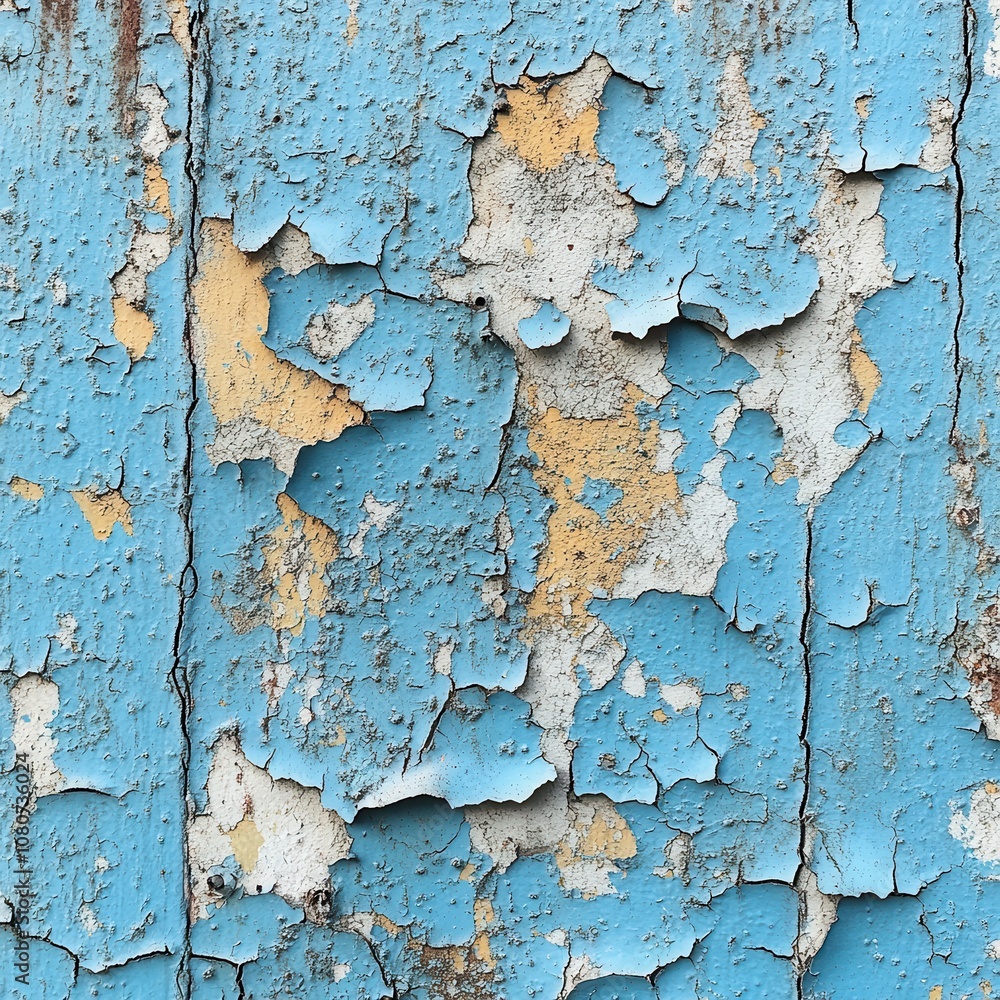 Fototapeta premium Weathered Blue Wall with Peeling Paint and Texture in Distressed Style, Perfect for Backgrounds and Abstract Designs in Various Creative Projects