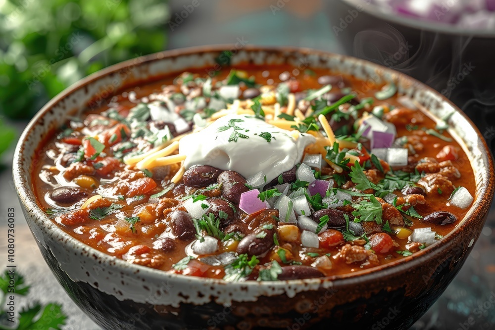Steaming Bowl of Chili Topped with Sour Cream, Cheese, and Red Onion Steaming Bowl of Chili Topped with Sour Cream, Cheese, and Red Onion