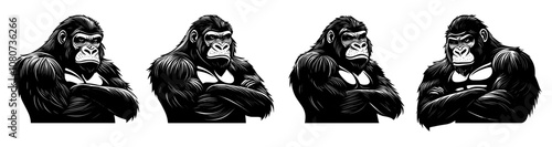 Set of black modern gorilla illustrations with line art style