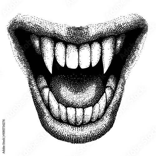 Halloween vampire mouth collage element with photocopy vintage stippling. Retro modern illustration for psychedelic surreal poster with grunge dotted texture.