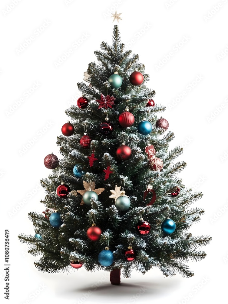 Classic Christmas Tree with Red, Blue, and Green Ornaments, Snowy Pine Decor for a Traditional and Festive Holiday Season Celebration in Style Classic Christmas Tree with Red, Blue, and Green Ornaments, Snowy Pine Decor for a Traditional and Festive Holiday Season Celebration in Style