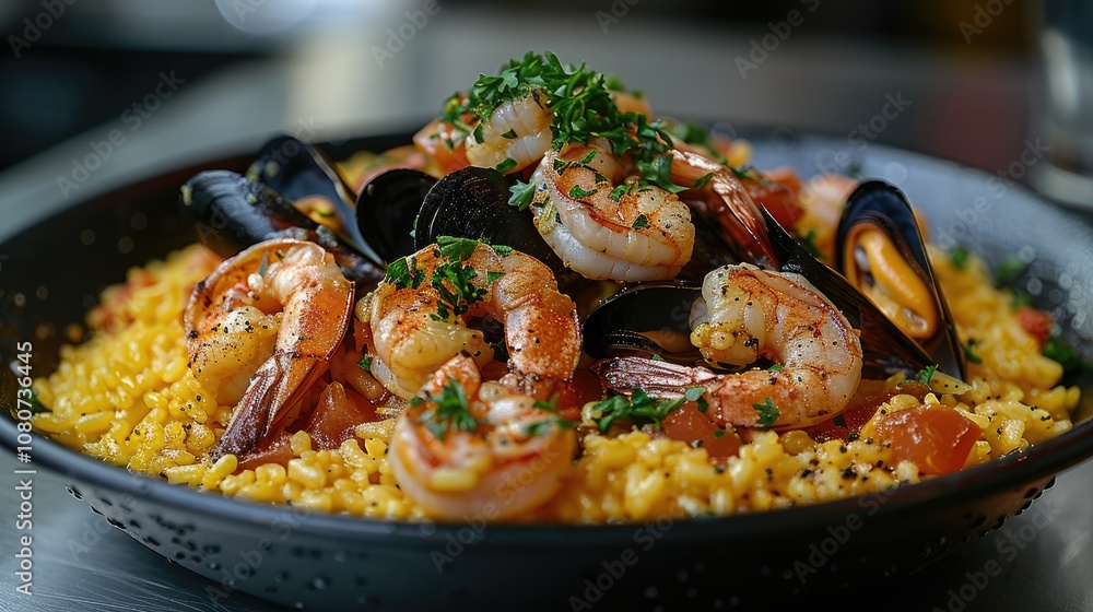 Close-up of a Seafood Paella Dish with Shrimp, Mussels, and Parsley Close-up of a Seafood Paella Dish with Shrimp, Mussels, and Parsley