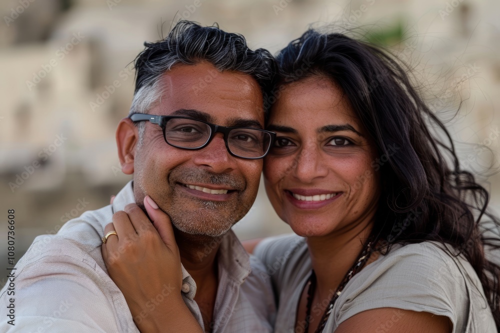 Portrait of a grinning indian couple in their 30s wearing a simple cotton shirt in front of historic castle backdrop Portrait of a grinning indian couple in their 30s wearing a simple cotton shirt in front of historic castle backdrop