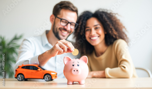 Fototapeta Naklejka Na Ścianę i Meble -  a happy young couple throws a coin into a piggy bank, next to it is a model of a car, a concept of savings for the purchase of real estate