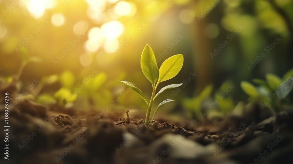 Small green plant sprouting from soil in warm sunlight Small green plant sprouting from soil in warm sunlight