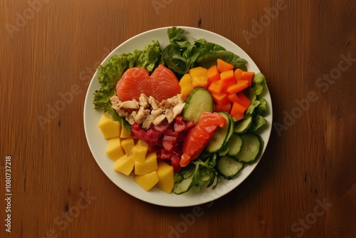 Healthy heart-shaped salad with salmon, chicken, mango, cucumber, lettuce, and bell pepper