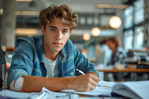 A focused teenager with curly hair works diligently at a desk covered with notebooks and papers. The vibrant atmosphere in the library enhances his concentration on his studies