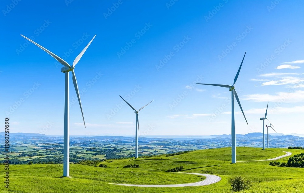 Clean energy concept of wind turbines on the seashore for wind power. Wind turbine farm in the sunlight. Clean energy concept of wind turbines on the seashore for wind power. Wind turbine farm in the sunlight.