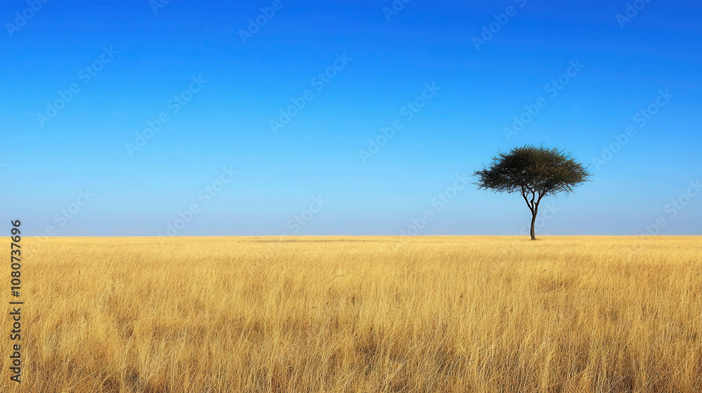 Solitary Tree Standing in Golden Grassland Under a Clear Blue Sky, Symbolizing Resilience and Natural Beauty in a Serene Landscape Solitary Tree Standing in Golden Grassland Under a Clear Blue Sky, Symbolizing Resilience and Natural Beauty in a Serene Landscape