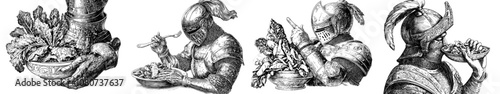 This sketch engraving illustrates a medieval knight eating a salad, mixing chivalry with modern dining. The image is a generative raster illustration of a scratch board. In black and white.