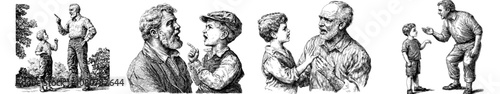 Father shouting at son young boy, emotional confrontation, sketch engraving generative ai raster illustration. Scratch board imitation. Black and white.