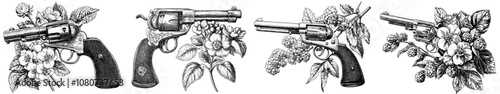 Japanese cherry blossoms bloom on a revolver in this tattoo design classic weapon engraved with intricate floral motifs. Black and white illustration. photo