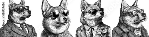 Black and white sketch engraving generative AI raster illustration of a Shiba Inu dog in sunglasses. This is an imitation of a scratch board. Ai raster illustration depicting a trendy businessman