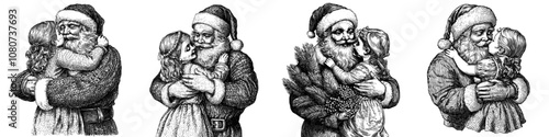 A joyful child girl is embraced by Santa Claus in this festive, classic holiday warmth sketch engraving generative ai raster illustration. Scratch board imitation.