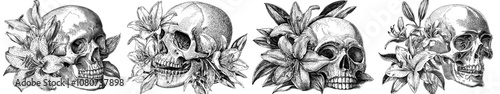 A skull is surrounded by lilies flowers, blending themes of death and beauty in vintage style sketch engraving generative AI raster illustration. Ink on scratchboard. Black and white image.